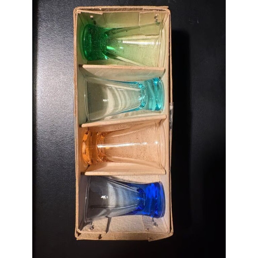 4 Colored Glass Cordial Glasses Original Box Green Teal Blue Clear Barware